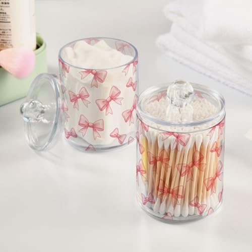 ALAZA Bow on White 2 Pack Qtip Holder Dispenser for Cotton Swabs, Balls, Pads, Floss 10 oz Plastic Canister Organizer