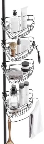 Zenna Home Tension Pole Shower Caddy Corner Organizer, Adjustable Standing Shower Caddy with 4 Baskets and Built in Towel Bar, Rust Resistant Bathroom Tension Rod Organizer, 60 to 97 Inch, Matte Black
