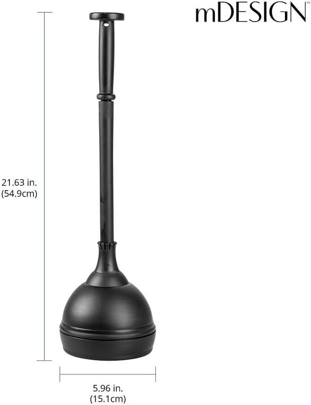 mDesign Plastic Toilet Plunger with Lift & Lock Cover Set, Compact Discreet Freestanding Storage Caddy Holder for Bathroom, Powder Room, Modern Design - Heavy Duty - Hyde Collection, Black