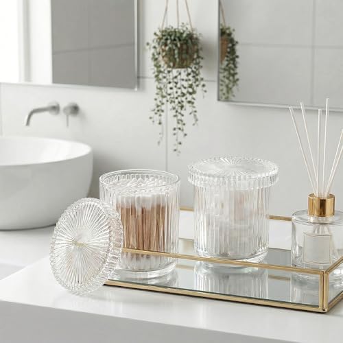 2 Pack Glass Qtip Holder with Lid, Qtip Dispenser Bathroom Storage Jars- Glass Apothecary Jars for Cotton Ball, Swab, Pads, Floss Picks, Bathroom Accessories Organization and Vanity Organizer(Clear)