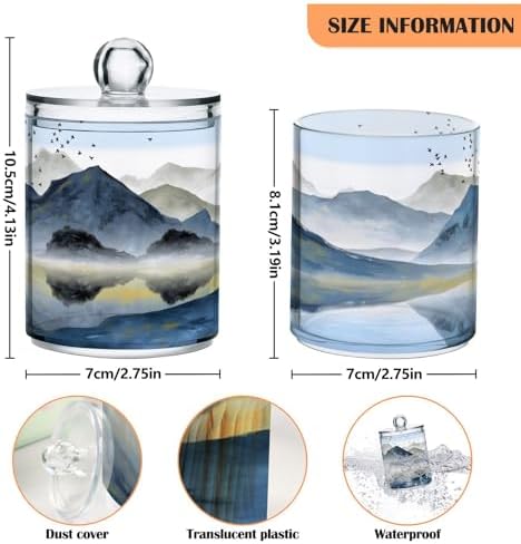 MNSRUU 4 Pack Qtip Holder Organizer Dispenser Abstract Art Mountains and Birds Bathroom Containers Bathroom Vanity Storage Canister Apothecary Jars for Cotton Swabs/Pads/Floss