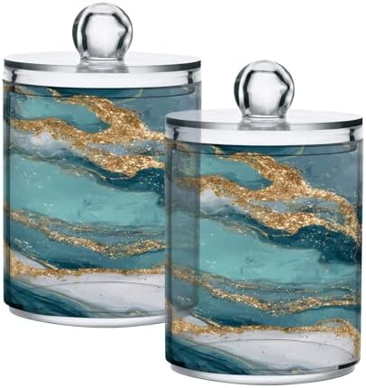 MNSRUU 2 Pack Qtip Holder Organizer Dispenser Teal Green Modern Fluid Art Bathroom Storage Canister Cotton Ball Holder Bathroom Containers for Cotton Swabs/Pads/Floss