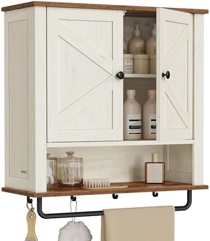 VASAGLE Bathroom Cabinet with Towel Bar, Wall-Mounted, 2 Barn Doors