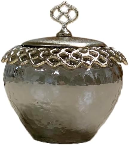 Decozen Qtip Holder and Cotton Jar with Lid - Elegant Glass and Metal Organizer for Decorative Kitchen Home Decor Bath Accessories Countertop Glass Jar Lid Organizer - The Arabesque Collection