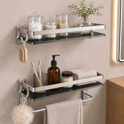 VOLPONE Glass Shelf for Bathroom 15.7 in Bathroom Shelves with Towel Bar Tempered Glass Shelves with 4 Removable Hooks for Wall（2 Tier）