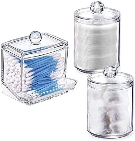 Surakey 3 Pack Qtip Holder Dispenser for Cotton Ball Cotton Swab Cotton Round Pads Floss - Clear Plastic Apothecary Jar Set for Bathroom Canister Storage Vanity Makeup Organizer