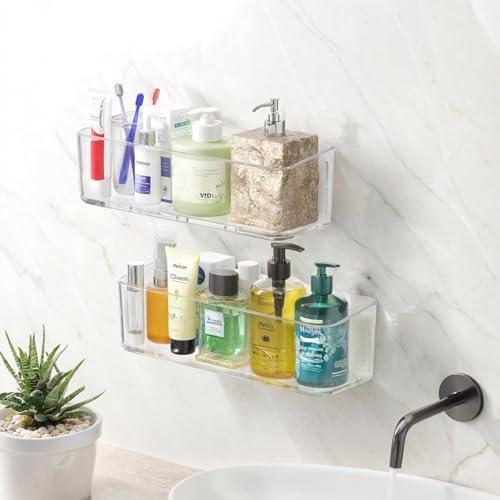 PAVSTINE 2 Pcs Clear Shower Shelf, Large Bathroom Wall Mounted Shower Caddy