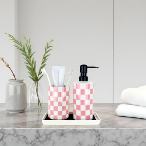 Bathroom Toothbrush Holder Set, Ceramic Soap Dispenser and Tooth Brush Holder Set, Bathroom Accessories Sets Countertop, Girly Pink Checkered Bathroom Decor for Girls Women