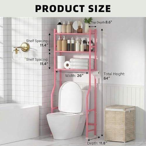 GloTika 3-Tier Over Toilet Storage, Anti-Tilt, 64" H, Pink