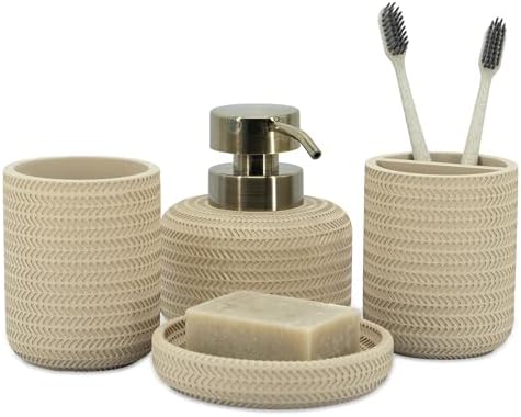 ZCCZ Beige Bathroom Accessories Set 4 Pcs - Toothbrush Holder, Soap Dispenser, Vanity Tray, Tumbler - Countertop Organizer for Bathroom Decor - Stylish and Functional Accessory Set for Home