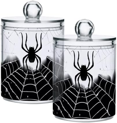4 Pack Qtip Holder Dispenser with Lids, Halloween Spiderweb Plastic Storage Containers,Bathroom Canisters Organizer for Cotton Ball, Cotton Swab, Cotton Round Pads, Floss 21214424