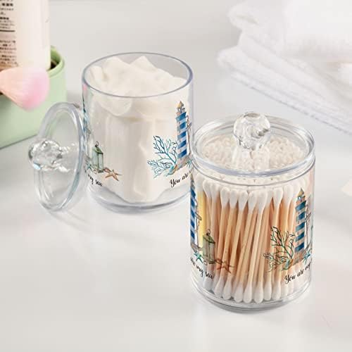 ALAZA Bathroom Canister Set of 2, Watercolor Hand Drawn Nautica Nautical Coastal Lighthouse Anchor Plastic Jars Holder Dispense Qtip Holder Storage Jars with Lids,Home Decor