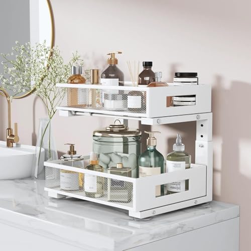 Under Sink Organizer, 2-Tier Dual Pull Out Cabinet Organizer Drawers With Smooth Circular Rail, Large Capacity Metal Mesh Sliding Shelves For Bathroom& Kitchen Storage,Height Adjustable–White,1 Pack