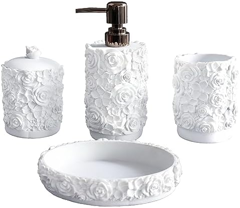 Hymmah Bathroom Accessories Set,Rose Design Bathroom Set,Farmhouse Bathroom Decor,4 Pcs Resin Gift Set Apartment Necessities, Contain Cotton Swab Jar,Soap Dispenser,Soap Dish,Tumbler White