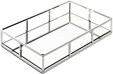 JollyCaper Silver Mirror Vanity Tray, Rectangle 12x8x2 Inches - Jewelry, Perfume, Makeup Organizer - Decorative Metal Tray for Dresser, Bathroom, Living Room, Bar Cart