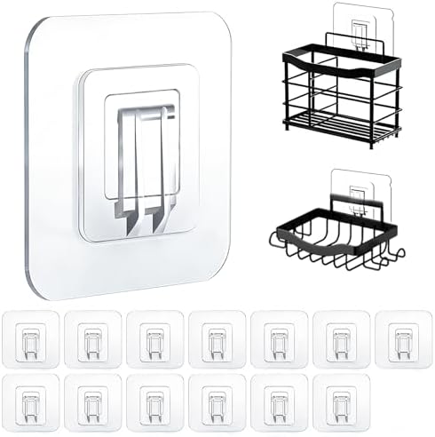 Shower Caddy Adhesive Replacement Hooks, Strong Waterproof Strips, No Drilling for Bathroom Shelves, Kitchen Racks, and Soap Holders (Transparent-14 Pack 1Hook)
