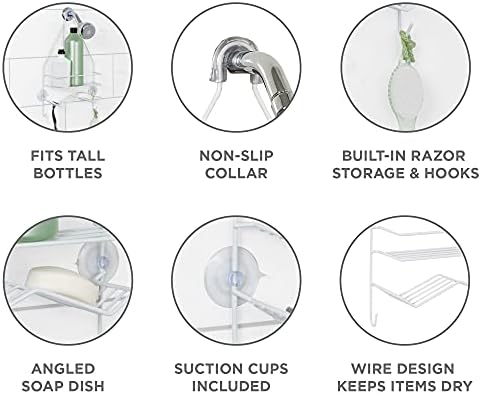 Zenna Home Rust Resistant Hanging Shower Caddy, Over the Shower Head Caddy with 1 Wide Shelf and Built In Soap Dish, Steel Bathroom Hanging Organizer, White