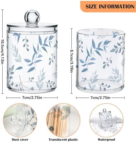 Light Blue Leaves Qtip Holder 2 Pack - 10 Oz Clear Plastic Apothecary Jar Set for Bathroom Organization - Versatile Canister Storage for Cotton Balls, Swabs, Rounds