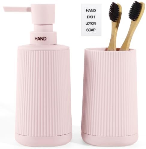 Pink Bathroom Soap Dispenser and Toothbrush Holder Set with Non-Slip Base