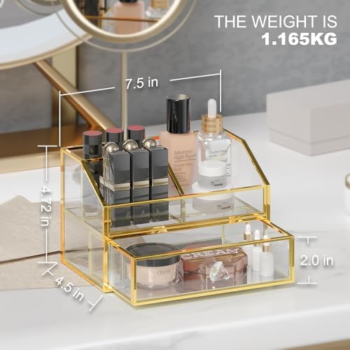 FSyueyun Glass Makeup Organizer with Drawer for Vanity, Clear and Gold