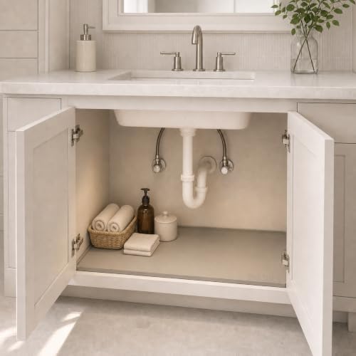 BASIN - Under Sink Mat for Bathroom - The Original Silicone Under Sink Mats for Bathroom Waterproof - Under Sink Tray for Bathroom Waterproof - Under Sink Cover Vanity Liner Taupe 34x19