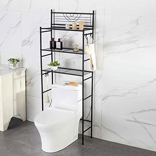 3-Tier Bathroom Over The Toilet Storage Rack Free Standing Metal Frame Shelf Organizer, with 4-Hooks, Black