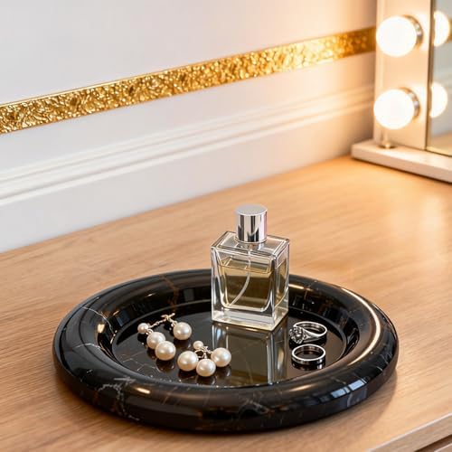 Natural Marble Round Vanity Tray Jewelry Makeup Dish Decorative Tray for Coffee Table,Bathroom,Bedroom (Portoro)