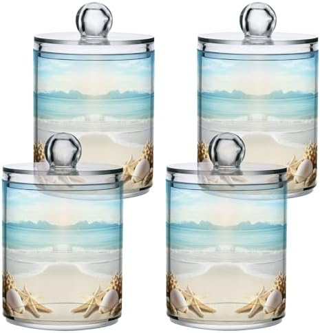 Mnsruu 4 Pack Qtip Holder Organizer Dispenser Beach Scene with Starfish Shells Bathroom Storage Canister Cotton Ball Holder Bathroom Containers for Cotton Swabs/Pads/Floss