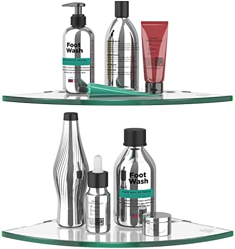 2 Tier Glass Corner Shelf Clear Shower Shelf Adhesive Shower Caddy Corner Organizer Thick Tempered Glass Bathroom Shelf Shampoo Holder for Shower Toilet Shelf Organizer 9.4" R