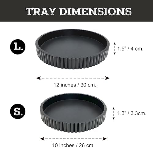Modern Table Round Decorative Trays 2pcs Home Decor - Circle Coffee Table Centerpiece Set 12"/10" - Wooden Black Ottoman Tray with Fluted Edge