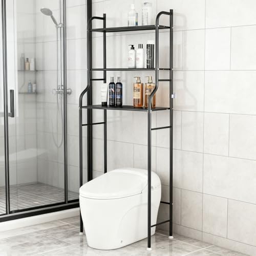 3-Tier Over The Toilet Storage Shelf, Freestanding Metal Bathroom Organizer with Hooks, Space Saving Bathroom Storage Rack with Adjustable Feet, Anti-Tip Design for Small Bathrooms, Black