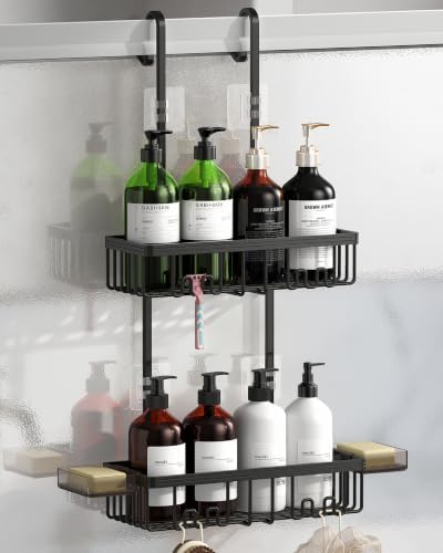 Over the Door Shower Caddy Hanging With Double Soap Holder Never Rust Aluminum Shower Shelf With 4 Hooks Hanging Bathroom Organizer No Drilling Shelves for Bathroom Storage Black