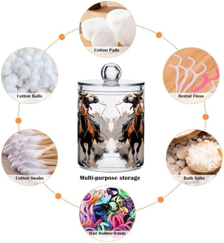 Western Cowboy Portrait Qtip Holder 2 Pack - 10 Oz Clear Plastic Apothecary Jar Set for Bathroom Organization - Versatile Canister Storage for Cotton Balls, Swabs, Rounds