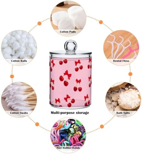 DOMIKING Bow Cherry Fruit Pink 2 Pack Cotton Swab Holder Dispenser Plastic Jar Bathroom Storage Canister Acrylic Containers for Cotton Ball Swab Round Pads