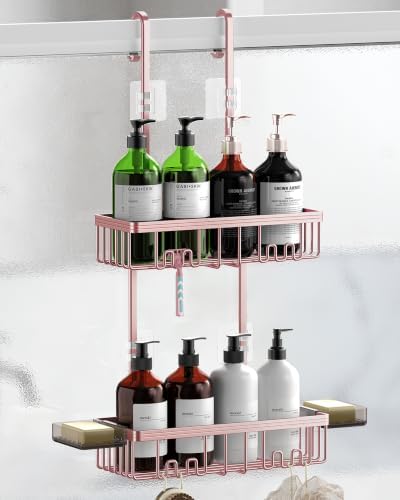 Over the Door Shower Caddy Hanging With Double Soap Holder Never Rust Aluminum Shower Shelf With 4 Hooks Hanging Bathroom Organizer No Drilling Shelves for Bathroom Storage Pink