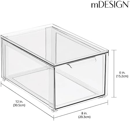 mDesign Plastic Stackable Bathroom Storage with Pull Out Bin Organizer Drawer for Cabinet, Vanity, Shelf, Cupboard, Cabinet, or Closet Organization - Lumiere Collection - 4 Pack - Clear