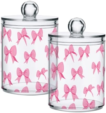 ALAZA Pink Bow Bathroom Canister Set of 2 Qtip Holder Clear Plastic Jars Holder Dispense Bathroom Organizer Storage Jars with Lids Home Decor