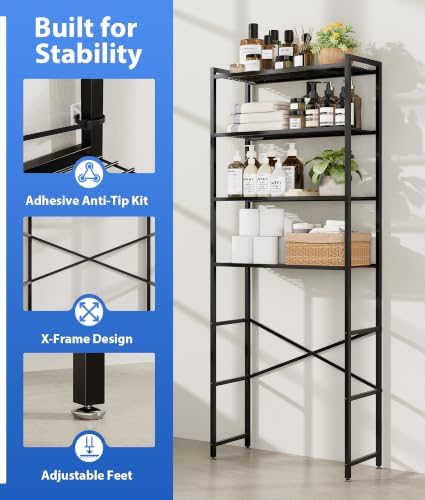 4-Tier Over The Toilet Storage Rack, Bathroom Organizer with One-Piece Metal Mesh Shelves, Over Toilet Shelf with Adjustable Feet & Anti-Tip Kit, Space-Saving Bathroom Storage, Black