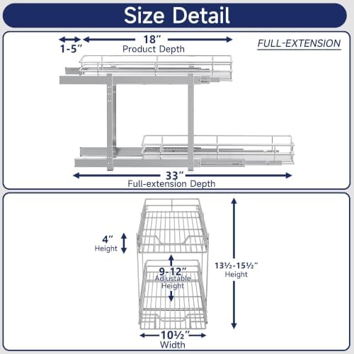 2-Tier Pull Out Cabinet Organizer, 10.5" W x 18" D, Heavy Duty Dual Slide Out Shelves for Narrow Base Cabinets, Chrome Wire Basket Drawer for Spices, Bottles & Snacks