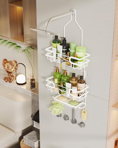 HapiRm Bathroom Hanging Shower Caddy - Rustproof Shower Shelf with 12 Hooks and 2 Soap Holders, No Drilling Bathroom Organizers and Storage - White