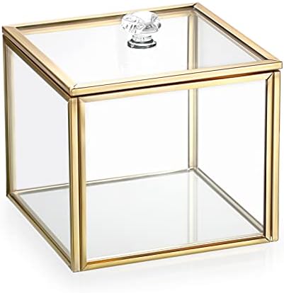 Hipiwe Glass Q-tip Holder Gold Cotton Swab Organizer Bathroom Dispenser with Lid Qtip Canister for Cotton Ball Pads Glass Vanity Box for Countertop Storage and Organization