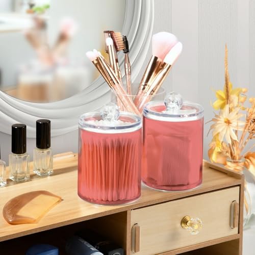 Gredecor 4 Pack Light Coral Qtip Holder Organizer Dispenser Clear Bathroom Storage Canister Cotton Ball Holder Bathroom Containers for Cotton Swabs/Pads/Floss