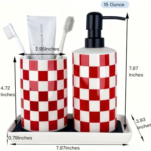 Bathroom Toothbrush Holder Set, Ceramic Soap Dispenser and Tooth Brush Holder Set, Bathroom Accessories Sets Countertop, Modern Red and White Checkered Bathroom Decor
