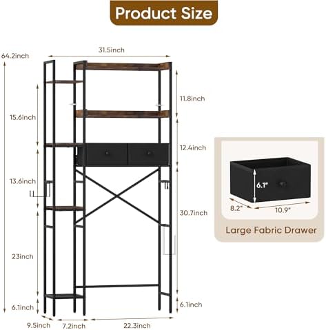 Over The Toilet Storage Rack, 7-Tier Over Toilet Bathroom Organizer with Adjustable Shelf, Above Toilet Storage with Hooks, Space-Saving, Brown Shelf