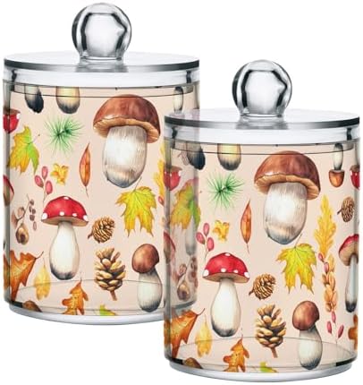 DOMIKING Mushroom Maple Leaf Beige 2 Pack Cotton Swab Holder Dispenser Plastic Jar Bathroom Storage Canister Acrylic Containers for Sponges Cotton Ball Floss Makeup