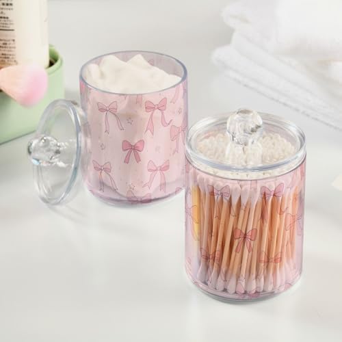 Gredecor 2 Pack Qtip Holder Clear Pink Ribbon Bow Star Apothecary Jars with Lids Acrylic Bathroom Jars Vanity Countertop Canister Storage Organizer for Cotton Ball,Swabs,Pads,Floss