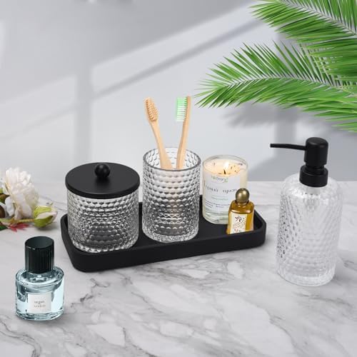 Bathroom Accessory Set,4 Pcs Clear Glass Bathroom Accessories Set-Lotion Soap Dispenser,Toothbrush Holder,Qtip Holder Dispenser & Resin Vanity Tray,Countertop Vanity Organizer,Crystal Clear