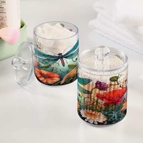 2 Pack Qtip Holder Dispenser with Lids, Dragonfly Flowers Floral Plastic Storage Containers,Bathroom Canisters Organizer for Cotton Ball, Cottons Swab, Cotton Round Pads, Floss 21214450
