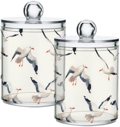 2 Pack Qtip Holder Organizer Dispenser Seagull Pattern Bathroom Storage Canister Cotton Ball Holder Container for Cotton Pads/Swabs/Floss
