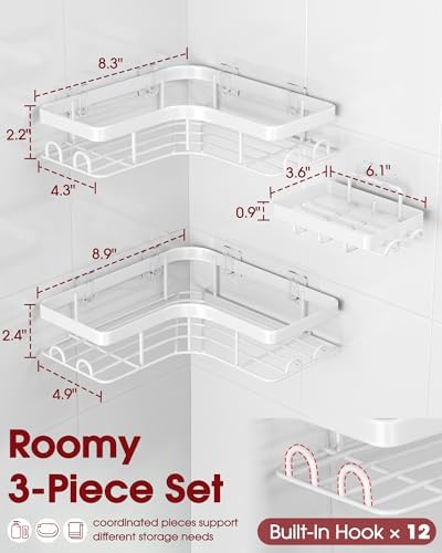 Sakugi Corner Shower Caddy, Large, 3-Pack, Soap Holder & Hooks, White